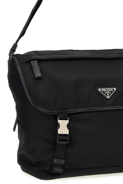 Prada Triangle Logo Re-nylon And Saffiano Leather Shoulder Bag In Black