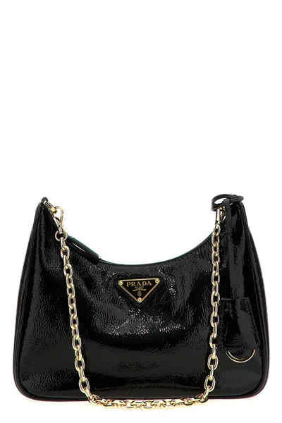 Prada Mini Re-edition 2005 Patent Leather Shoulder Bag In Black