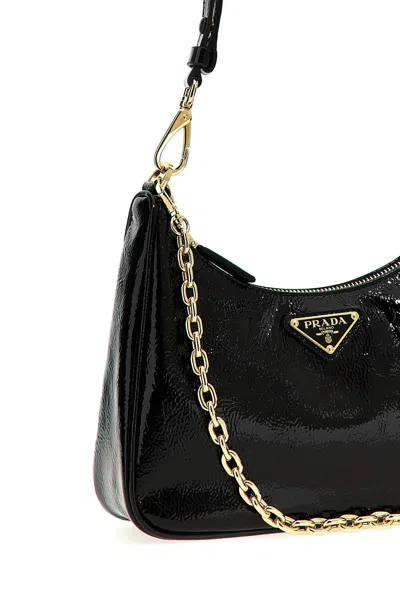 Prada Mini Re-edition 2005 Patent Leather Shoulder Bag In Black