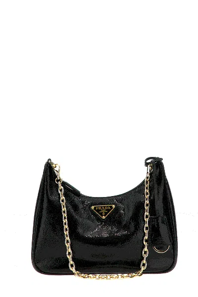 Prada Mini Re-edition 2005 Patent Leather Shoulder Bag In Black