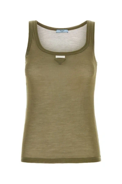 Shop Prada Women Army Green Silk Tank Top