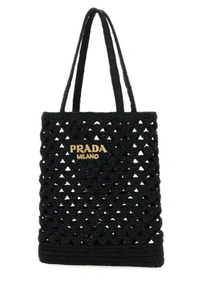 Prada Straw Tote Bag With Knit Design And Shoulder Straps In Black