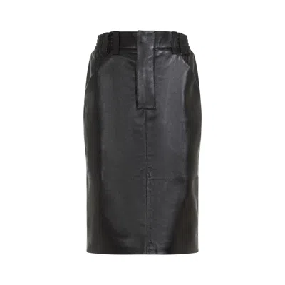 Saint Laurent Black Lamb Leather Midi Skirt In Black