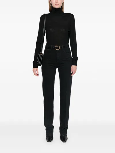 Saint Laurent Black Satin Loose Trousers In Multicolor