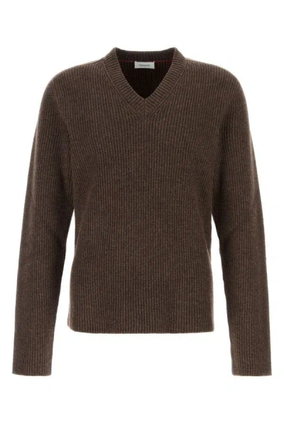Ferragamo Earthy Ribbed V-neck Wool Sweater In Brown
