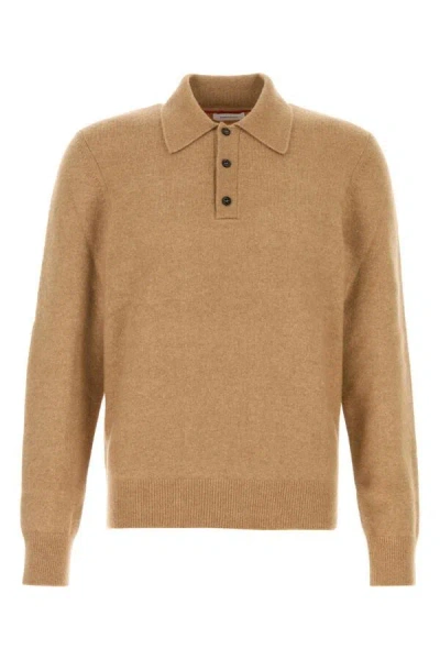 Ferragamo Long Sleeved Camel And Silk Polo Shirt In Brown