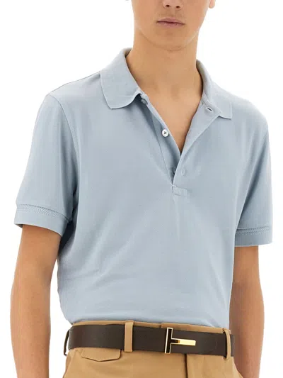 Tom Ford Light-blue Short-sleeves Polo In Cotton Piquet Jersey Man In Multicolor