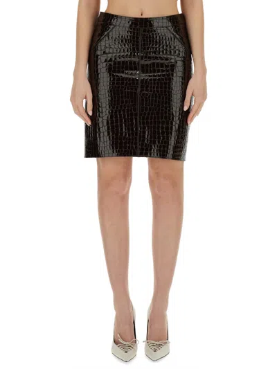 Tom Ford Glossy Croco Embossed Goat Leather Skirt In Black