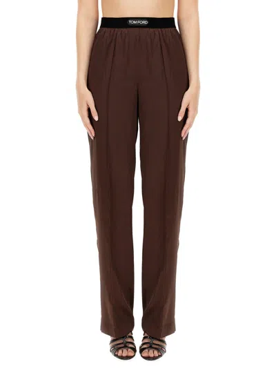 Tom Ford Pantaloni Pajama In Raso Di Seta Elasticizzato In Brown