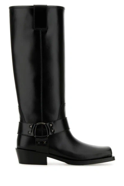 Valentino Rockstud Biker Knee-high Leather Boots In Black
