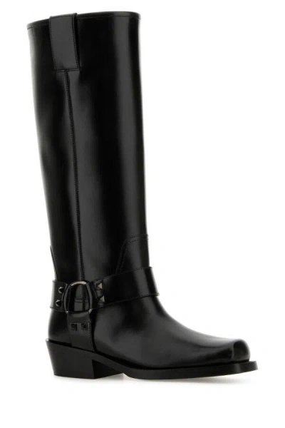 Valentino Rockstud Biker Knee-high Leather Boots In Black