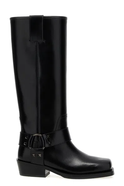 Valentino Rockstud Biker Knee-high Leather Boots In Black