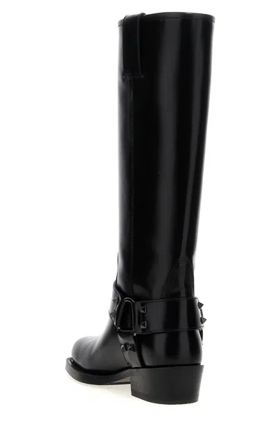 Valentino Rockstud Biker Knee-high Leather Boots In Black