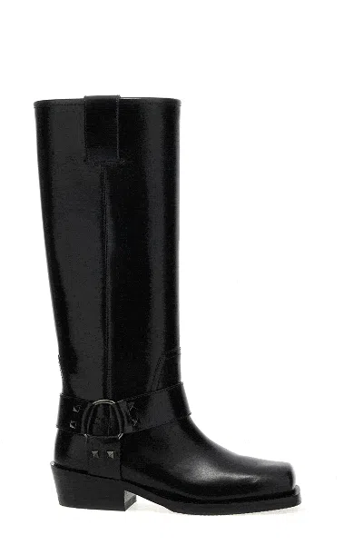 Valentino Rockstud Biker Knee-high Leather Boots In Black