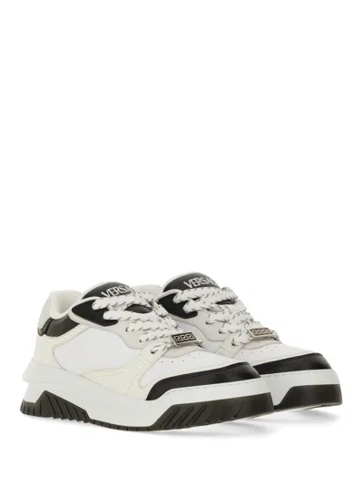 Versace White And Black Sneaker With Inserts And Chunky Sole In Leather Man In Black