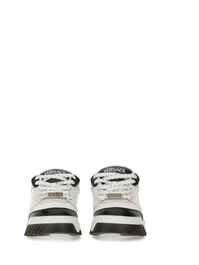 Versace White And Black Sneaker With Inserts And Chunky Sole In Leather Man In Black