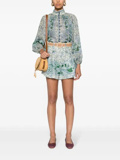 Zimmermann Ottie Belted Pleated Printed Linen Shorts In Multicolor