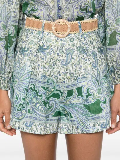 Zimmermann Ottie Belted Pleated Printed Linen Shorts In Multicolor