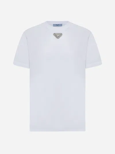 Prada White T-shirt In Jersey With Embroidered Triangle Logo Women In White