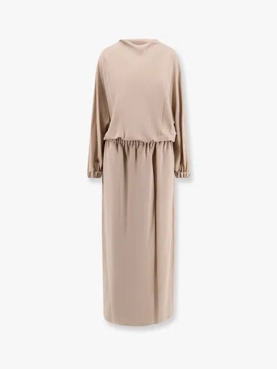 Giorgio Armani Silk Long-sleeved Midi Dress In Beige