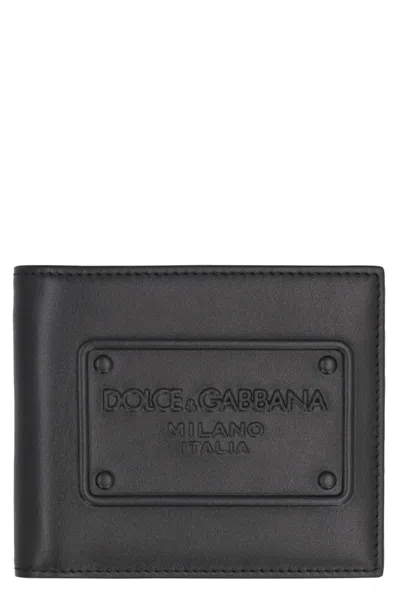 Dolce & Gabbana Small Zip-around Wallet In Calfskin With Raised Logo In Black