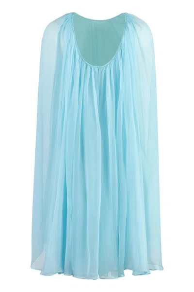 Max Mara Women Mini Light Blue Dress With Drawstring In Silk Chiffon Woman In Blue