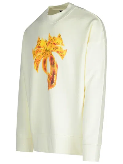 Palm Angels White Crewneck Sweatshirt With Burning Logo Print In Cotton Man In Beige