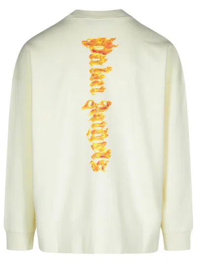 Palm Angels White Crewneck Sweatshirt With Burning Logo Print In Cotton Man In Beige