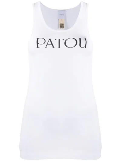 Patou Ribbed Sleeveless Cotton Tank With Round Neckline In White