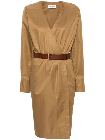 Saint Laurent Women's Cotton Twill Midi Dress In Brown