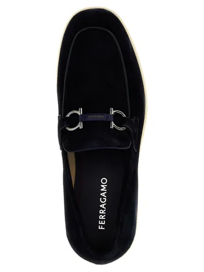 Ferragamo Leather Loafers With Gancini Ornament In Blue
