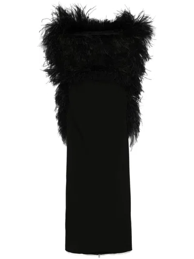 Sportmax Feather-trim Square Neck Midi Dress In Black