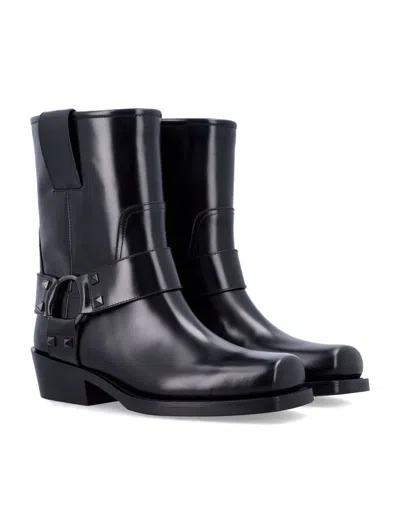 Valentino Black Leather Biker Rockstud Ankle Boots In Black