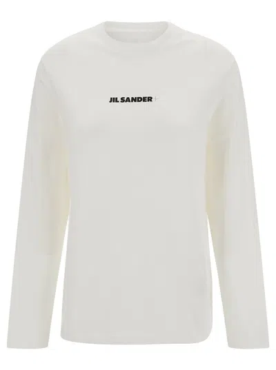 Jil Sander Crew Neck Long Sleeve Boxy Fit Printed Logo Sweatshirt In White