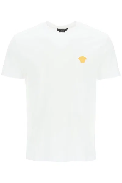 Versace White Crewneck T-shirt With Medusa Embroidery On The Front In Cotton Man In White