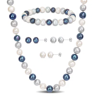 Mimi & Max Multi-color Cultured Freshwater Pearl Necklace Stud Earrings Bracelet 5-piece Set Sterling Silver In Silver