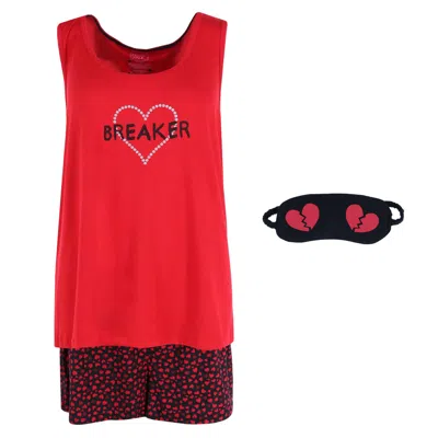 Pillow Talk Women's Plus Size Heart Breaker Tank And Short Set With Eye Mask In Red