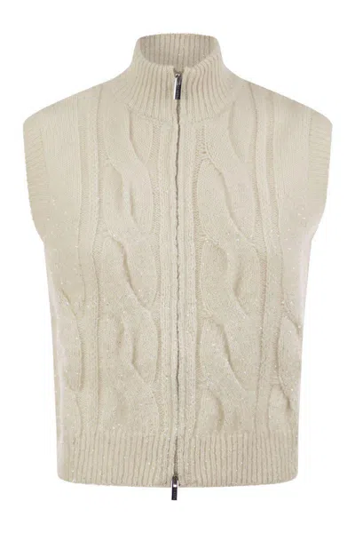 Peserico Cable Zip Vest In Alpaca Wool In White