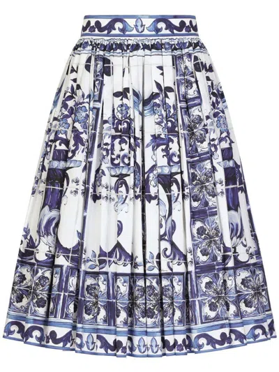 Dolce & Gabbana Tile-print Pleated Poplin Midi Skirt In Clear Blue