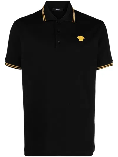 Versace Black Polo Shirt With Classic Collar And Medusa Embroidery In Black