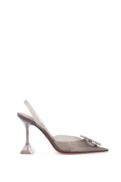 Amina Muaddi Lily Crystal Flower Denim Slide Sandals In Grey