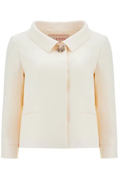 Valentino Garavani White Jacket With Spread Collar And Front Jewel Button In Wool And Silk Woman In White