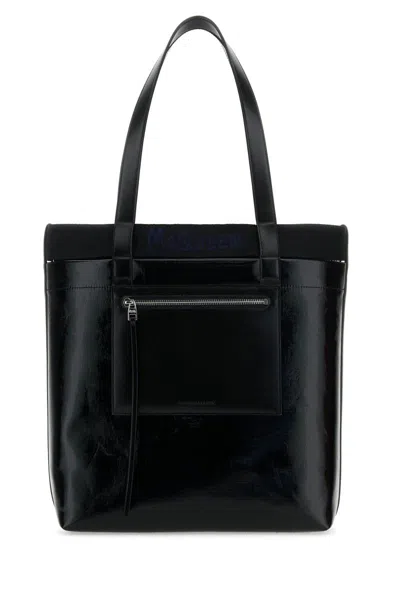 Alexander Mcqueen Glossy Finish Shopping Bag With Dual Handles In Blackblue