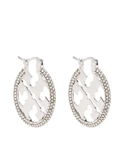 Tory Burch Silver Crystal Embellished Earrings In Tory Silver/crystal