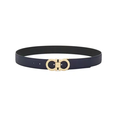 Ferragamo Cintura Gancini Reversibile E Regolabile In Pelle Martellata In Blue/black