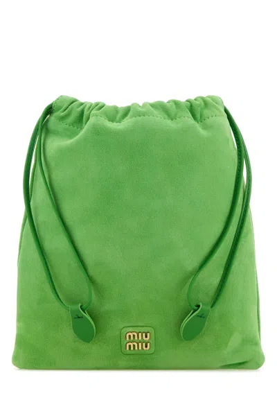 Miu Miu Logo Suede Drawstring Pouch In Apple
