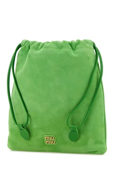 Miu Miu Logo Suede Drawstring Pouch In Apple
