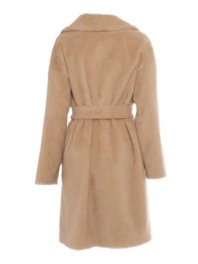 Weekend Max Mara Waist Belted Faux Fur Coat In Beige