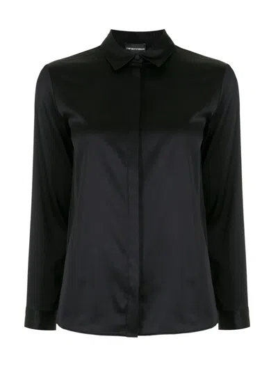 Emporio Armani Silk Shirt With Buttoned Cuffs And Spread Collar In Black