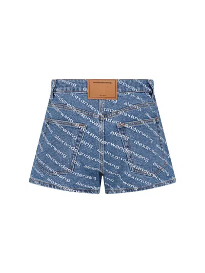 Alexander Wang Denim Shorts With All Over Logo In Blue